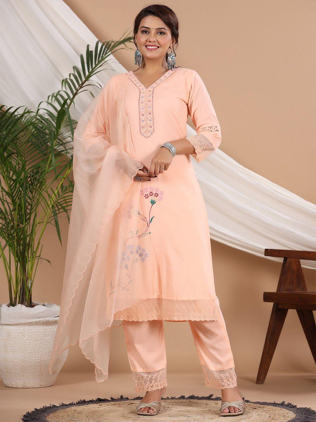 rangeelo v neck floral embroidered pure cotton straight kurta with palazzos & dupatta
