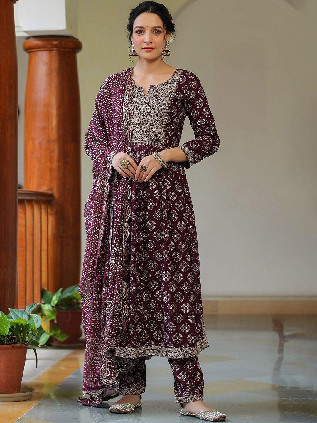 rangeelo bandhani printed thread work anarkali kurta & trousers with dupatta