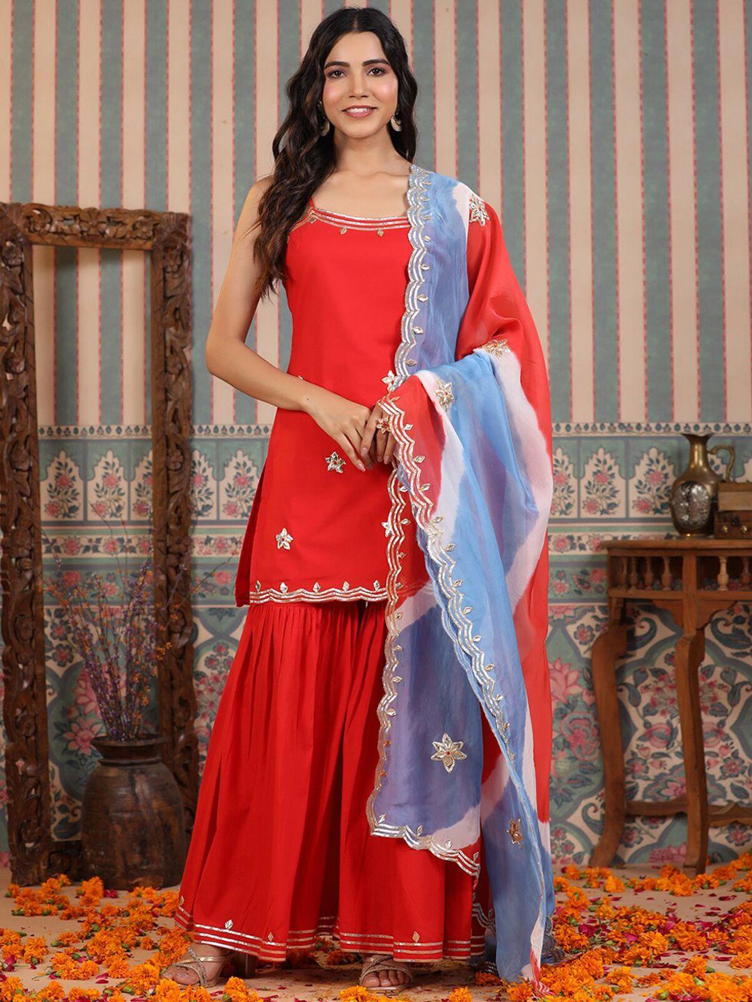 rangeelo embellished sleeveless regular straight kurta with sharara & with dupatta