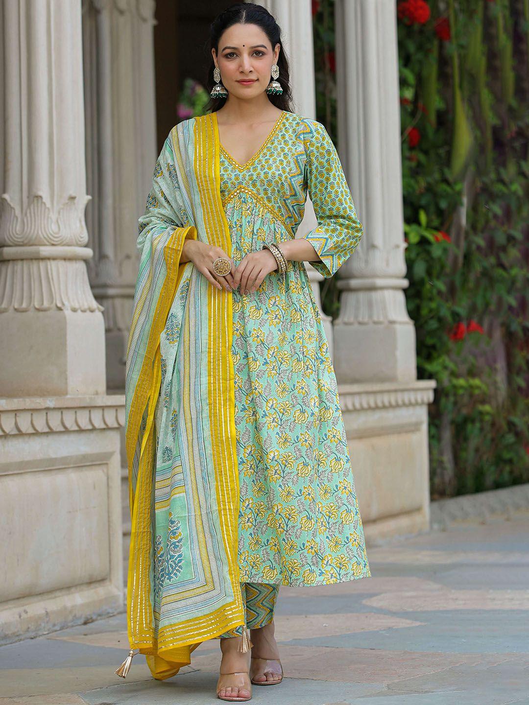 rangeelo ethnic motifs printed sequinned empire pure cotton kurta with trousers & dupatta
