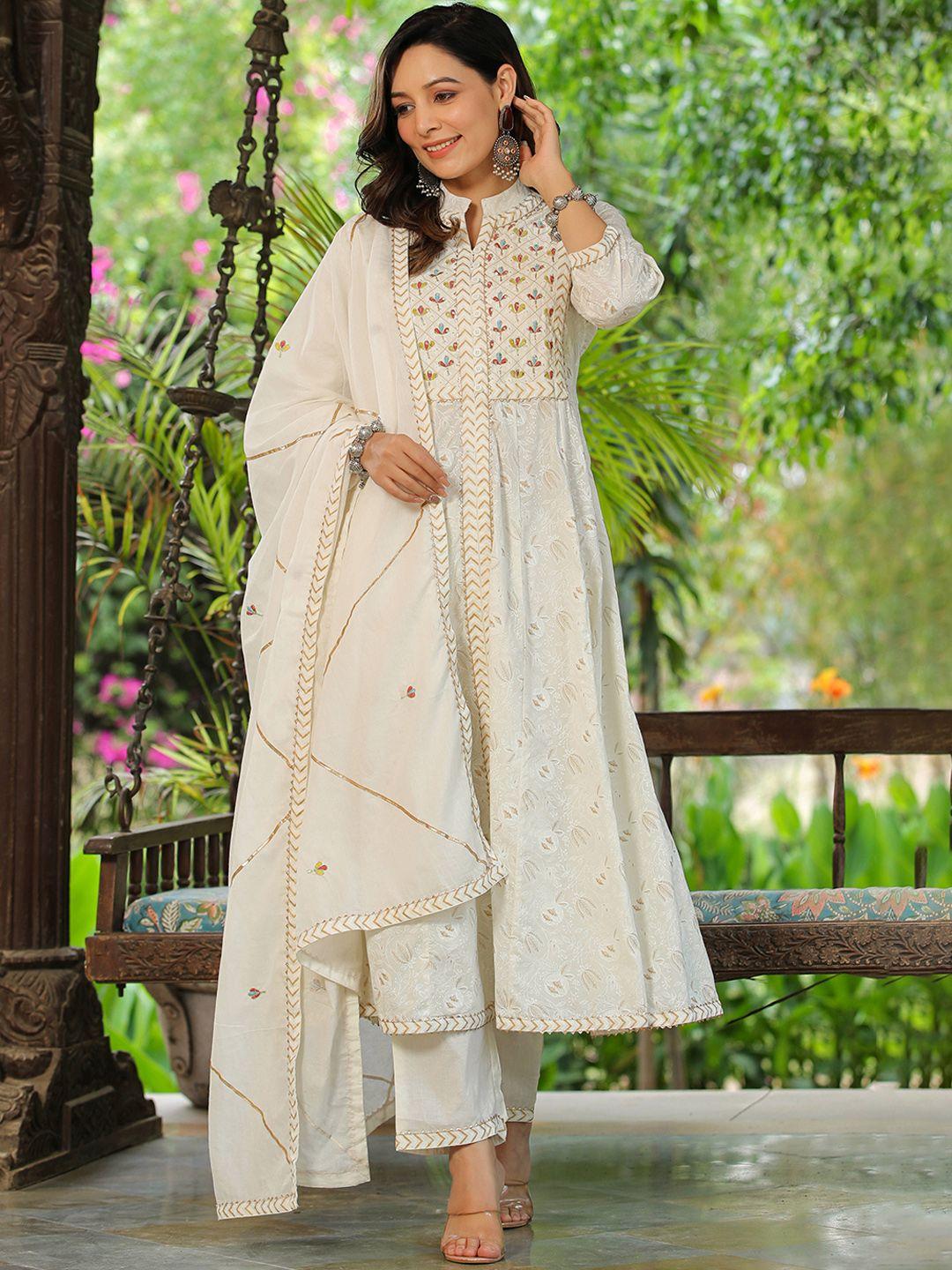 rangeelo ethnic motifs printed thread pure cotton kurta with trousers & dupatta