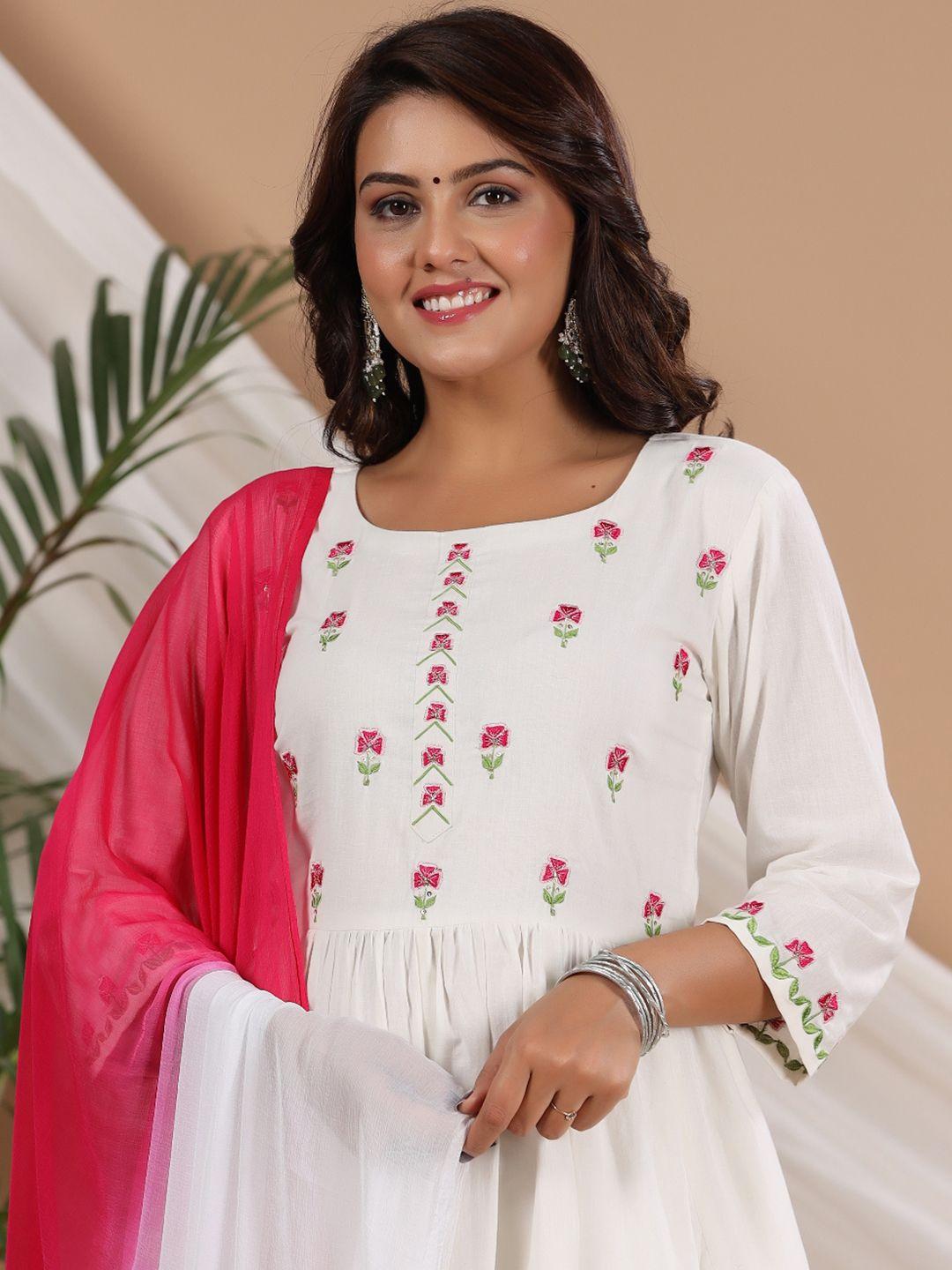 rangeelo floral embroidered regular pure cotton kurta with palazzos & dupatta