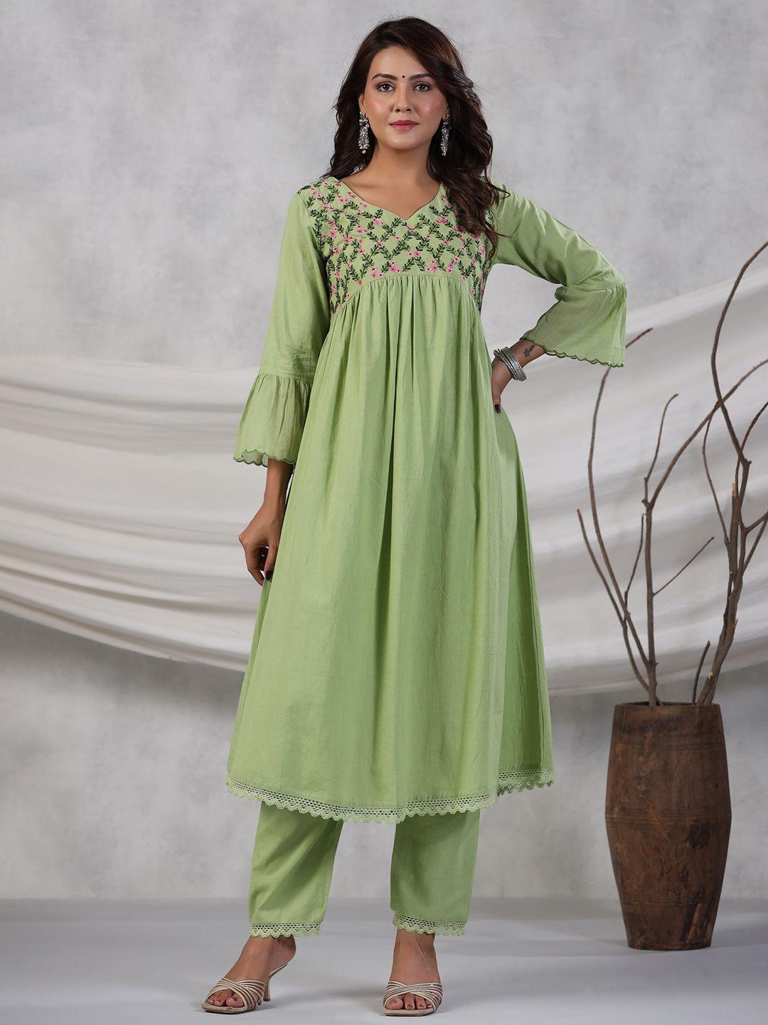 rangeelo floral embroidered regular thread work pure cotton kurta with trousers