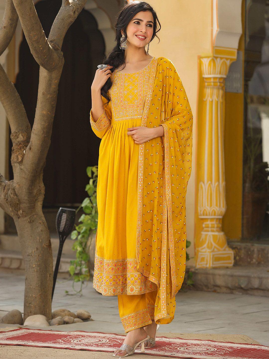 rangeelo floral embroidered sequinned a-line kurta with trousers & dupatta