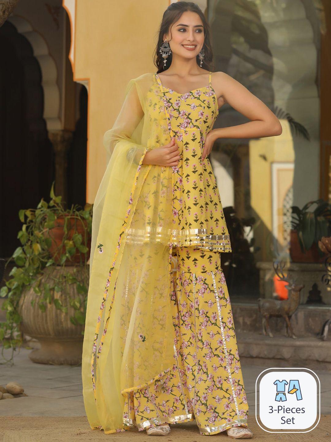 rangeelo floral printed empire gotta patti kurta with sharara & dupatta