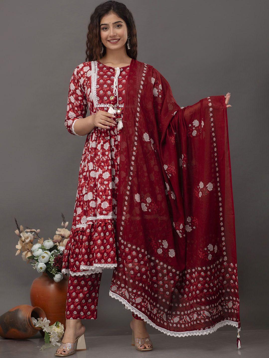 rangeelo floral printed mirror work pure cotton kurta with trousers & with dupatta