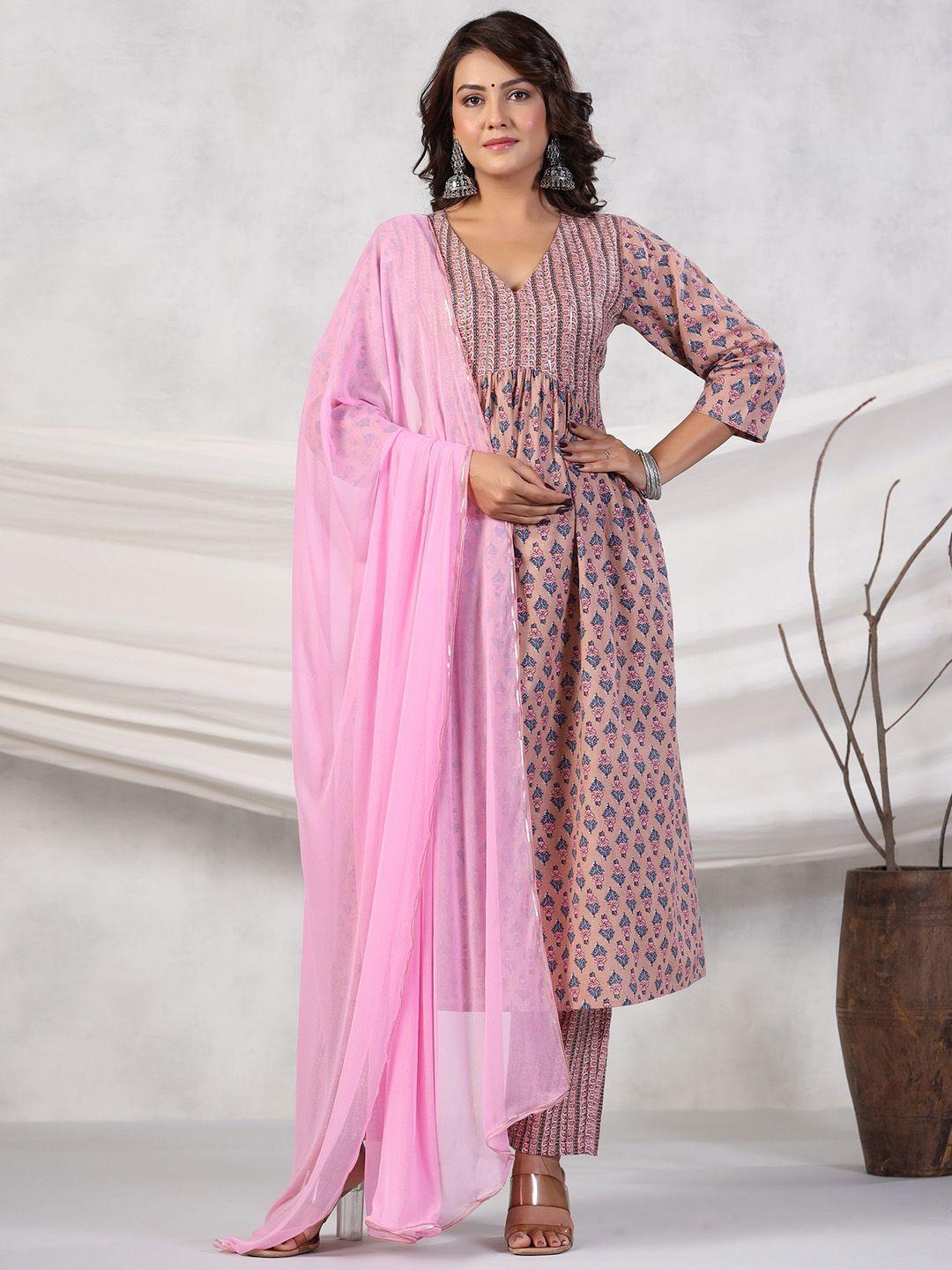 rangeelo floral printed regular pure cotton kurta with palazzos & dupatta