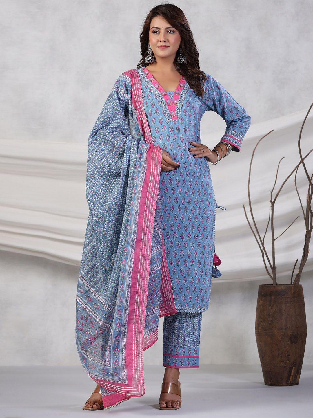 rangeelo floral printed regular pure cotton kurta with trousers & dupatta