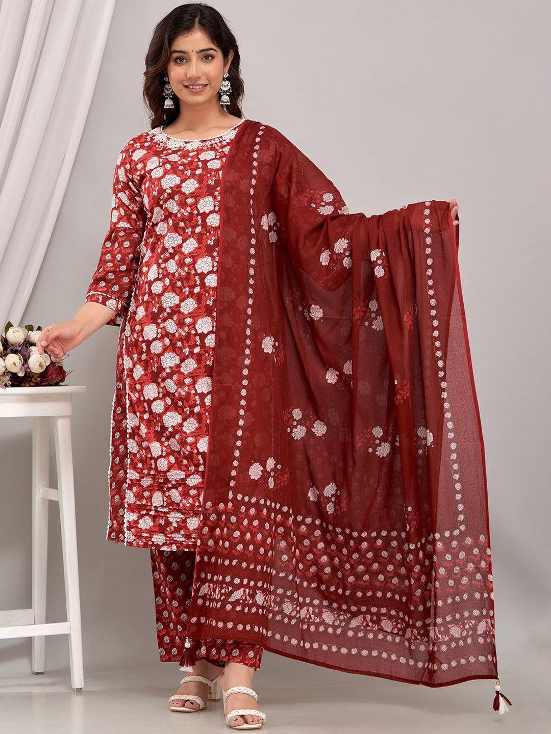 rangeelo floral printed regular thread work pure cotton kurta with trousers & dupatta