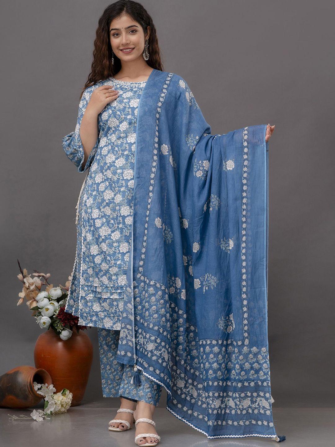 rangeelo floral printed regular thread work pure cotton kurta with trousers & with dupatta