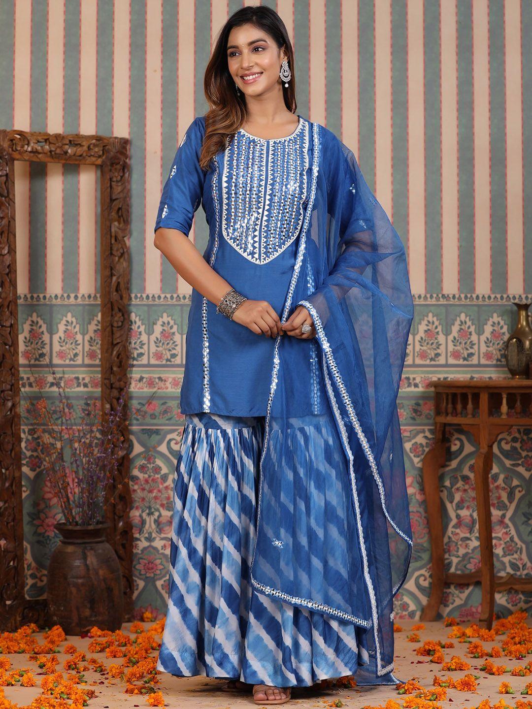 rangeelo geometric yoke design mirror work kurti with sharara & dupatta