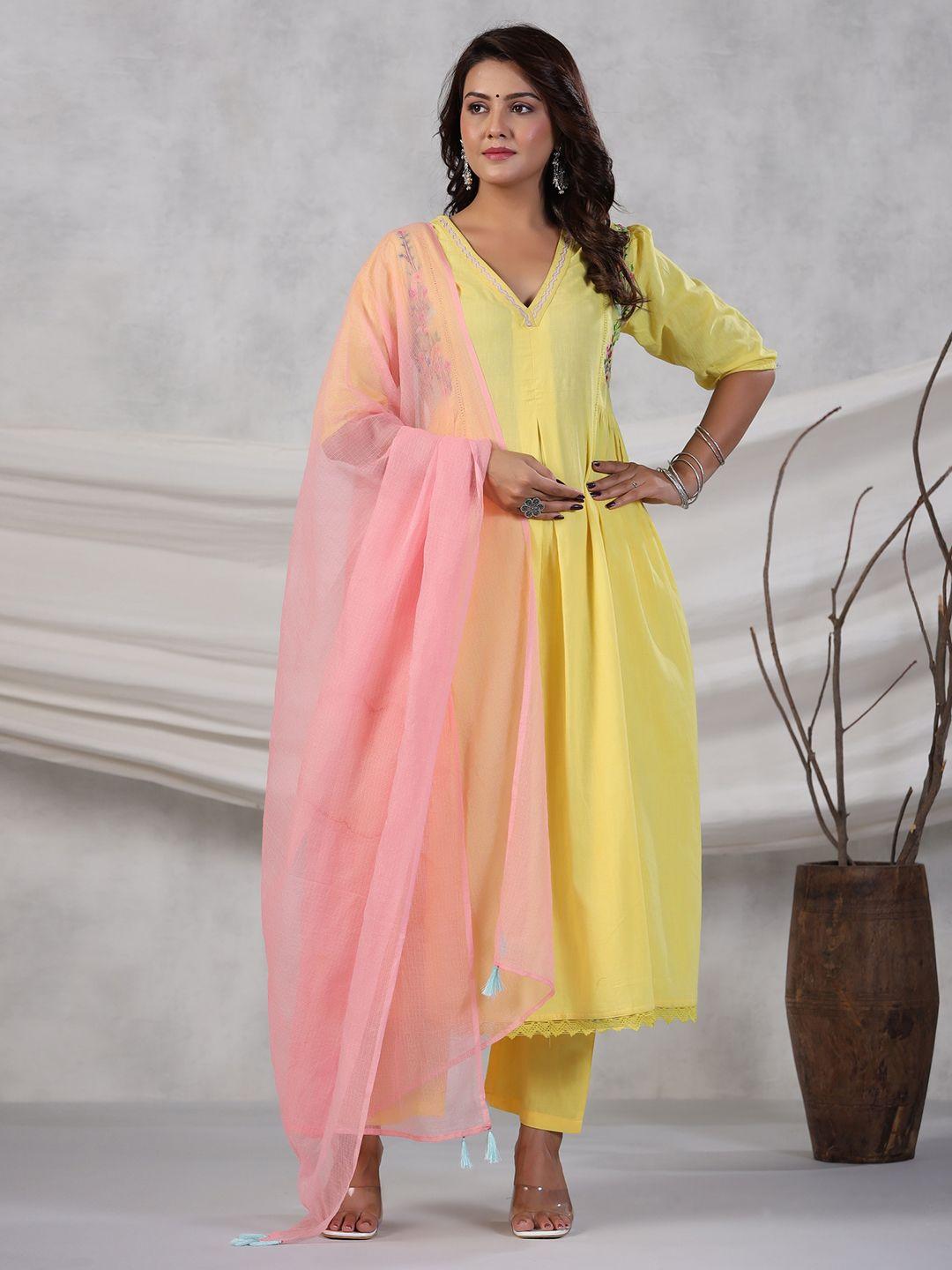 rangeelo pleated pure cotton kurta with trousers & dupatta