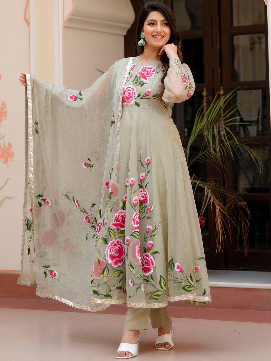 rangeelo women floral printed regular kurta with trousers & with dupatta