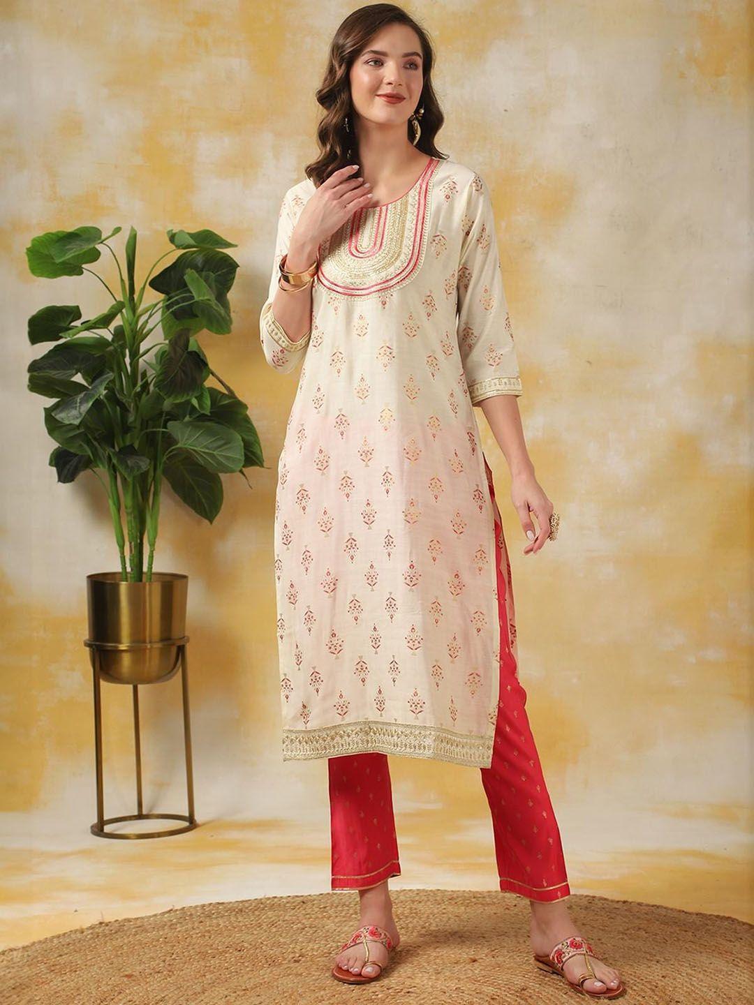 rangita ethnic motif printed embroidered round neck straight kurta with trousers