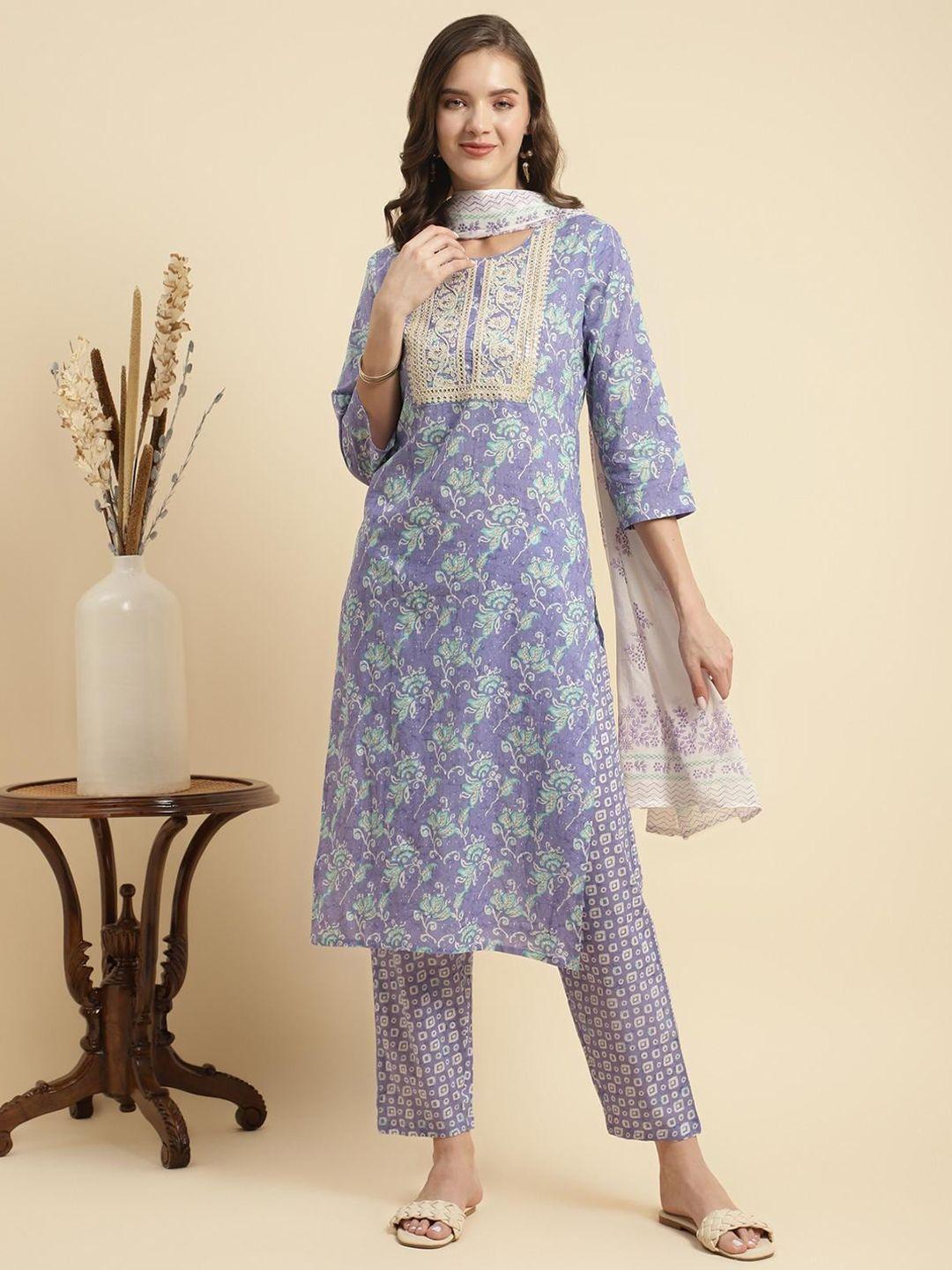 rangita ethnic printed embroidered pure cotton straight kurta with trousers & dupatta