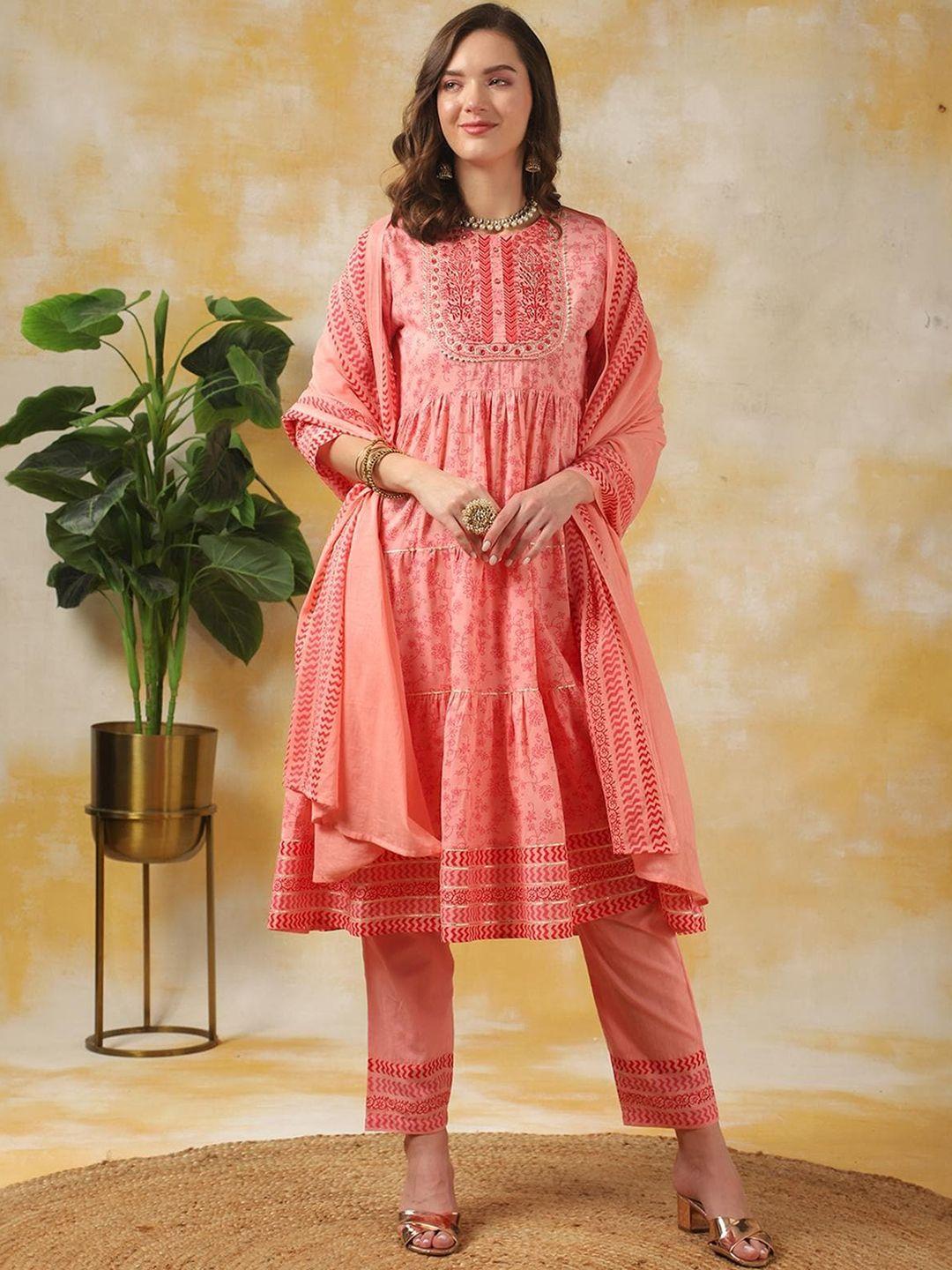 rangita ethnic printed embroidered pure cotton tiered a-line kurta with trousers & dupatta
