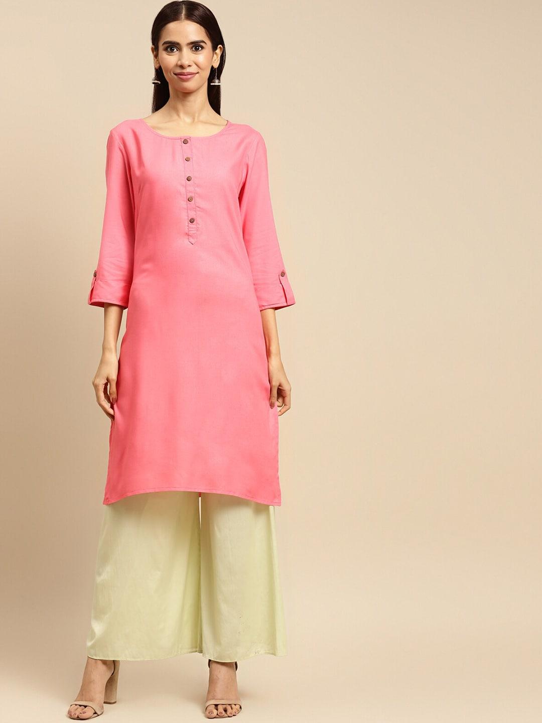 rangita women pink flared sleeves thread work kurta