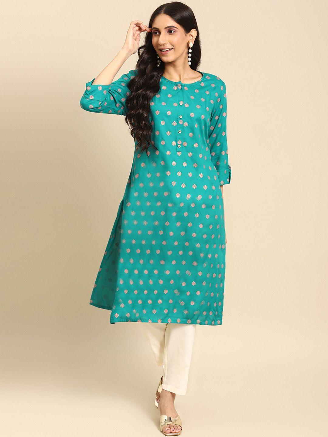 rangita women turquoise blue geometric printed flared sleeves thread work kurta