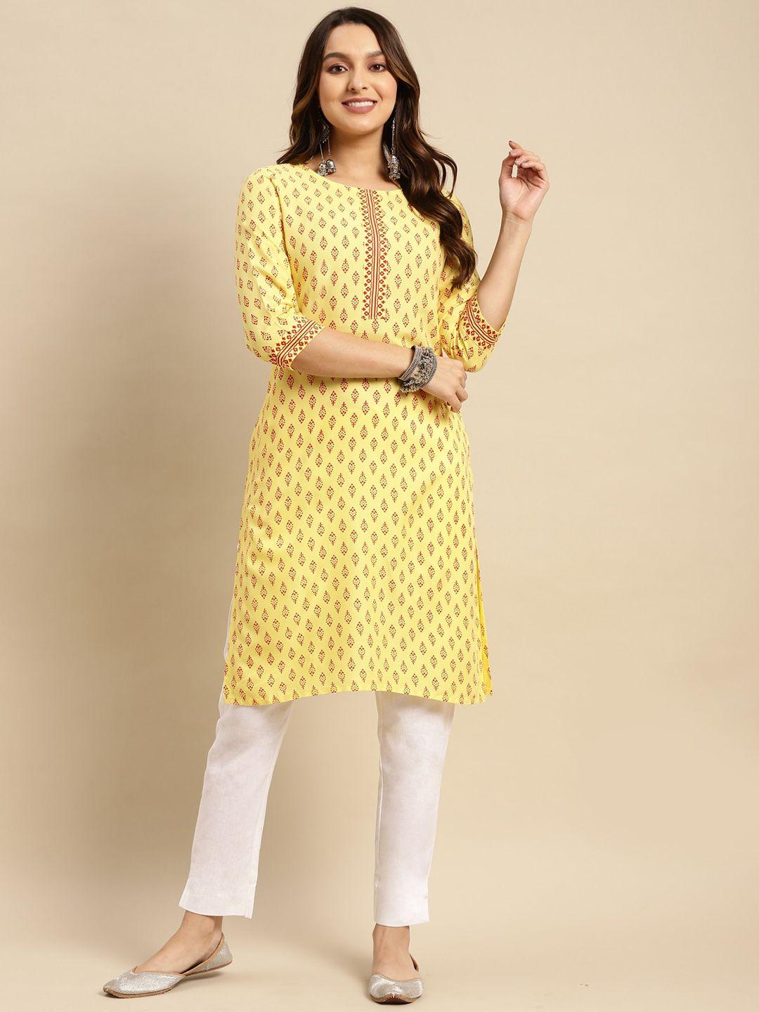 rangita women yellow floral striped flared sleeves thread work anarkali kurta
