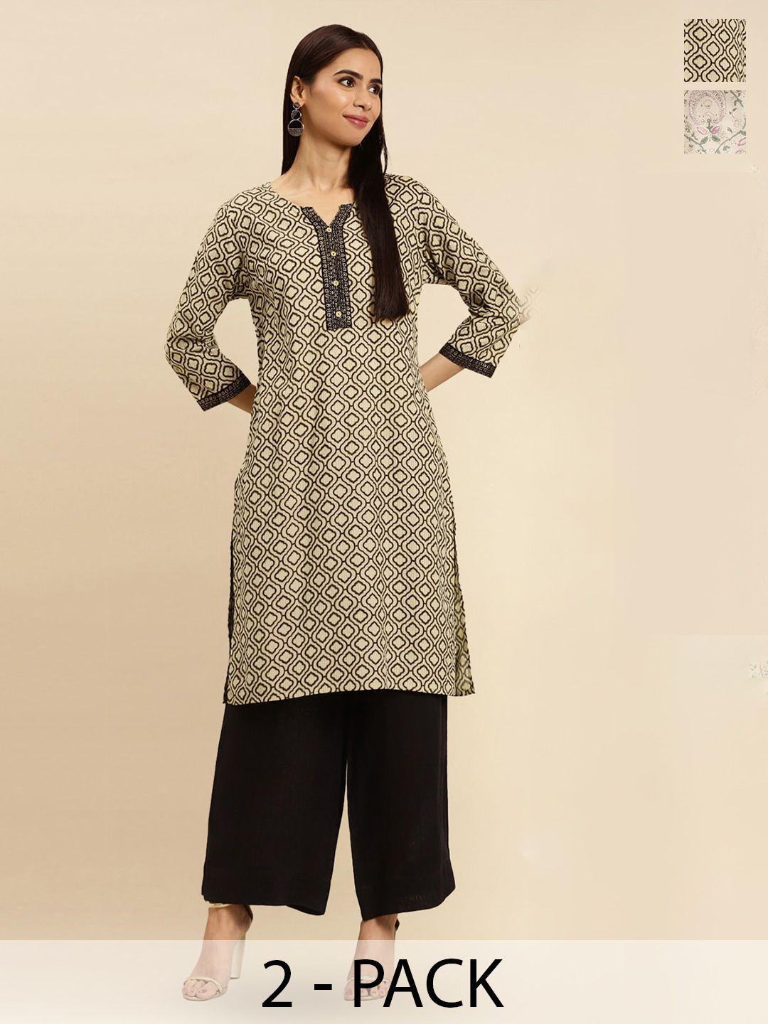 rangita 2 pieces ethnic motifs printed notched & round neck knee length straight kurtas