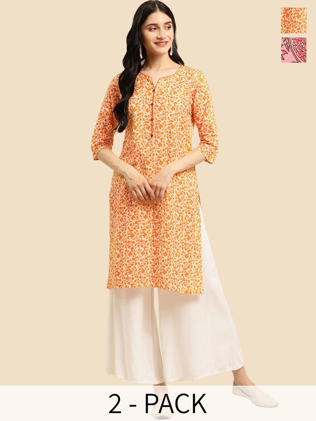 rangita 2 pieces floral printed notched & round neck knee length straight kurtas