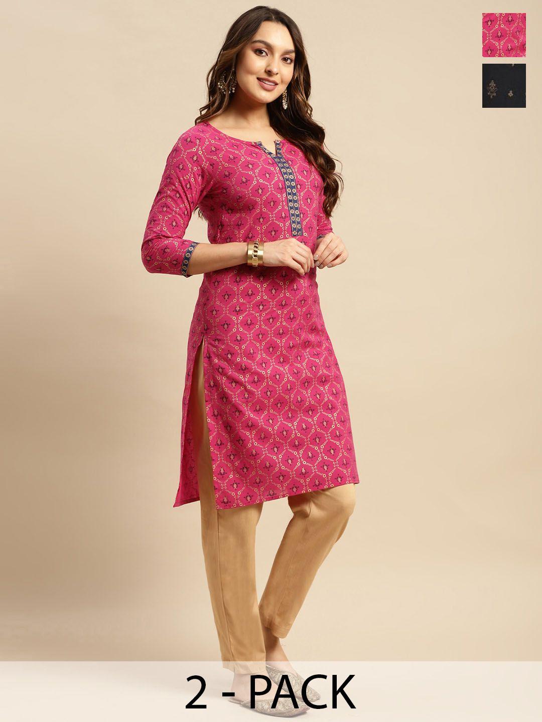 rangita abstract printed round neck three-quarter sleeves chikankari cotton kurtri