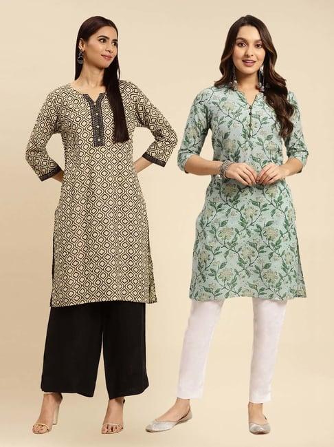 rangita beige & mint green floral print straight kurti - pack of 2