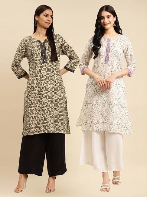 rangita beige & off white floral print straight kurti - pack of 2