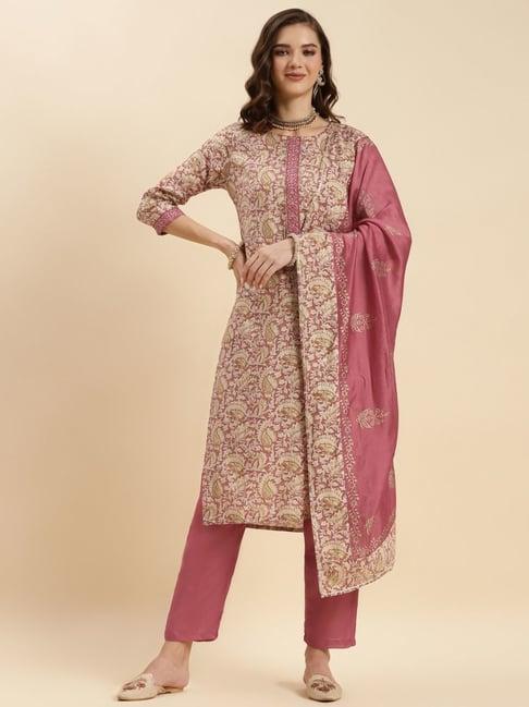 rangita beige & pink printed kurta pant set with dupatta