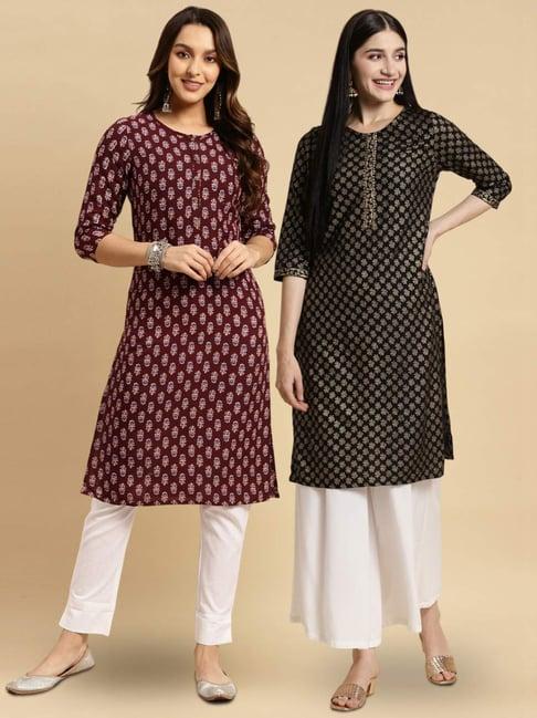 rangita black & maroon floral print straight kurta - pack of 2