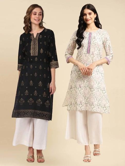 rangita black & off white floral print straight kurti - pack of 2