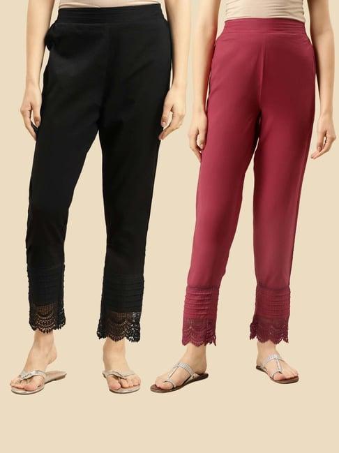 rangita black & pink cotton straight pants - pack of 2