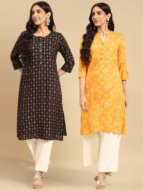 rangita black & yellow floral print straight kurta - pack of 2