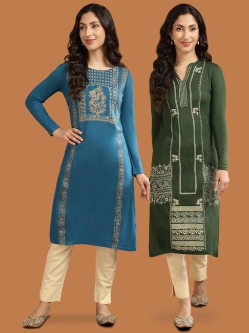 rangita blue & green floral print straight kurta - pack of 2