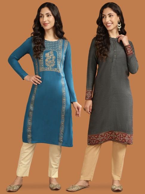 rangita blue & grey floral print straight kurta - pack of 2