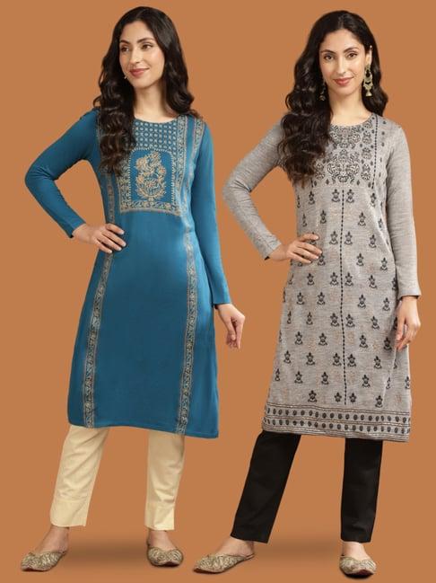 rangita blue & grey floral print straight kurta - pack of 2