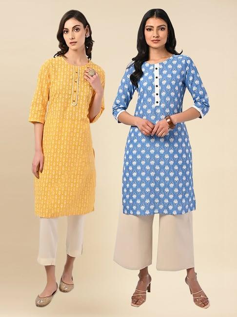 rangita blue & mustard floral print straight kurti - pack of 2
