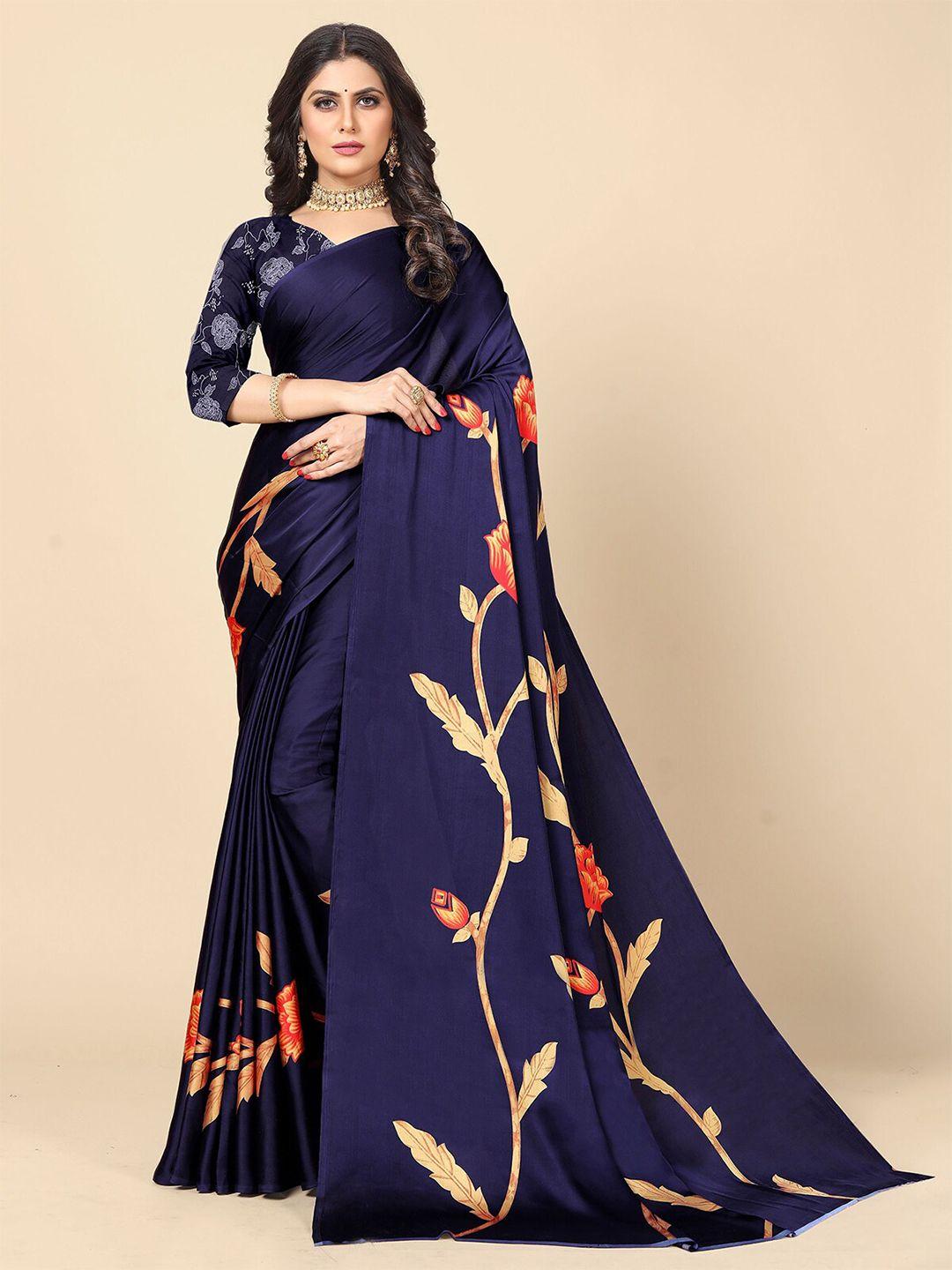 rangita blue & orange floral poly crepe saree