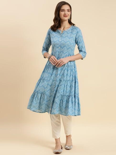 rangita blue cotton floral print a line kurta