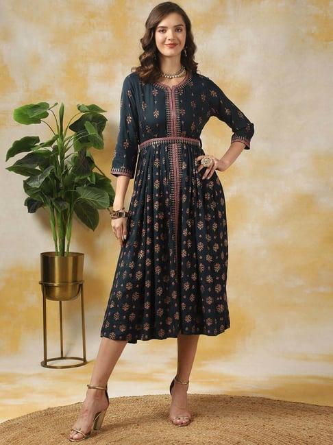 rangita blue floral print empire-line dress