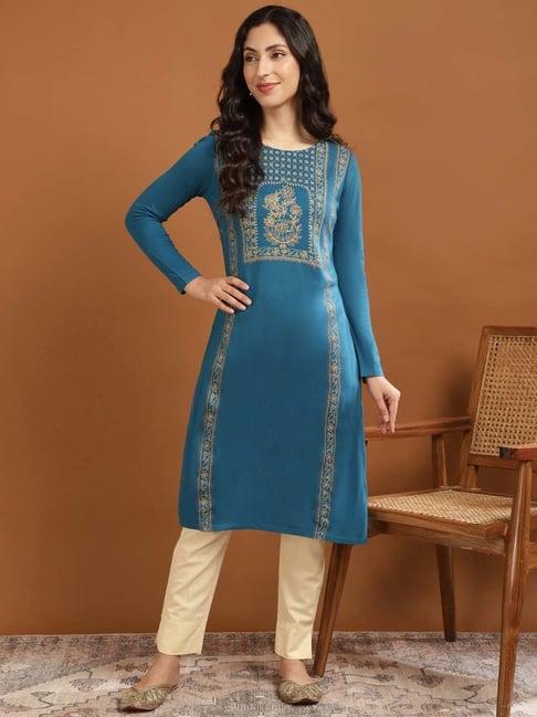 rangita blue floral print straight winter kurti