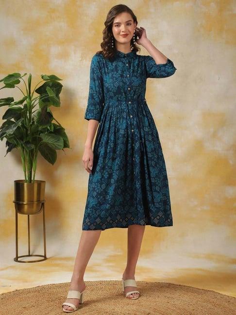 rangita blue printed a-line dress