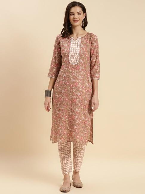 rangita brown cotton printed kurta pant set