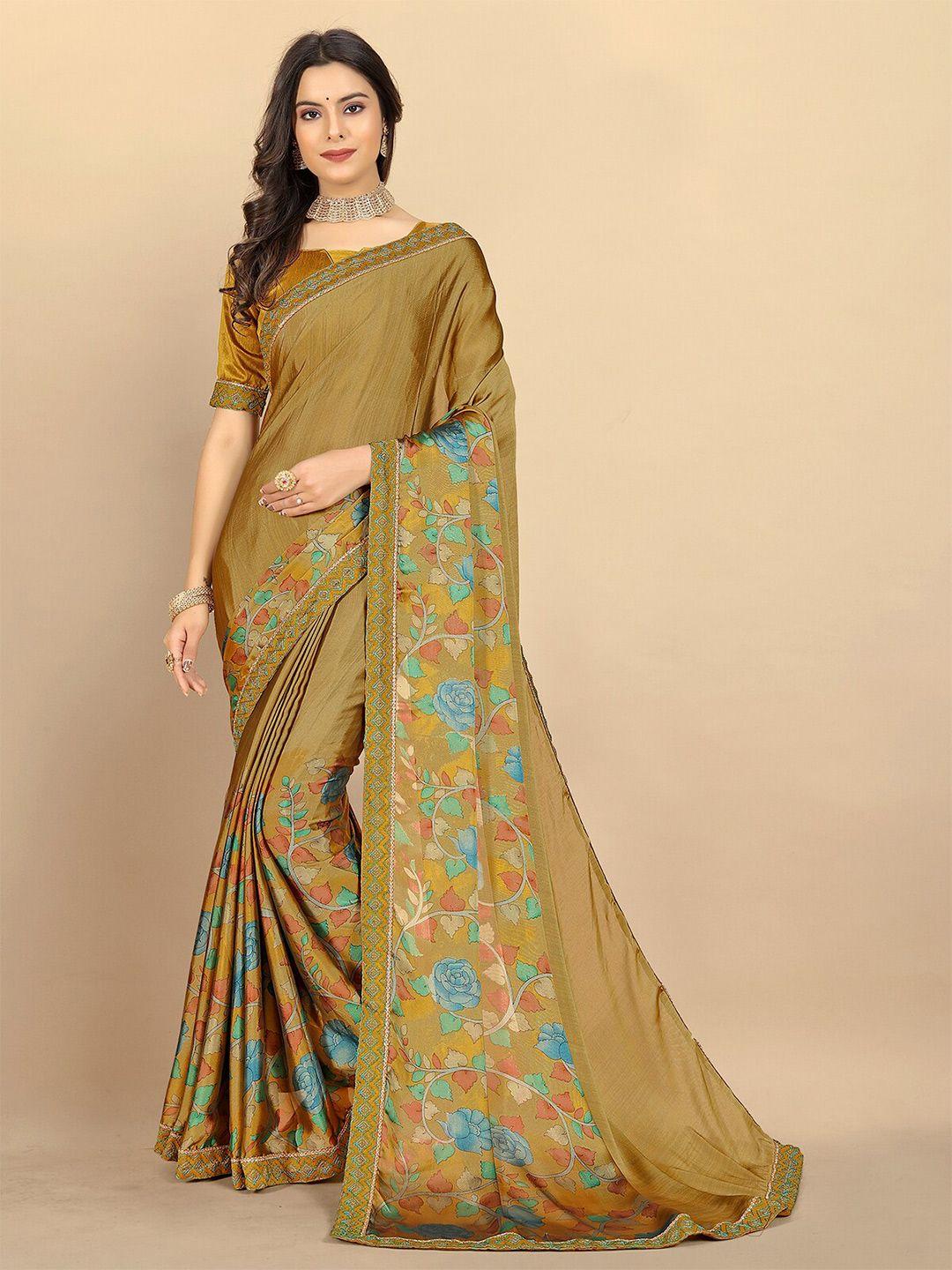 rangita camel brown & blue floral embroidered poly georgette saree