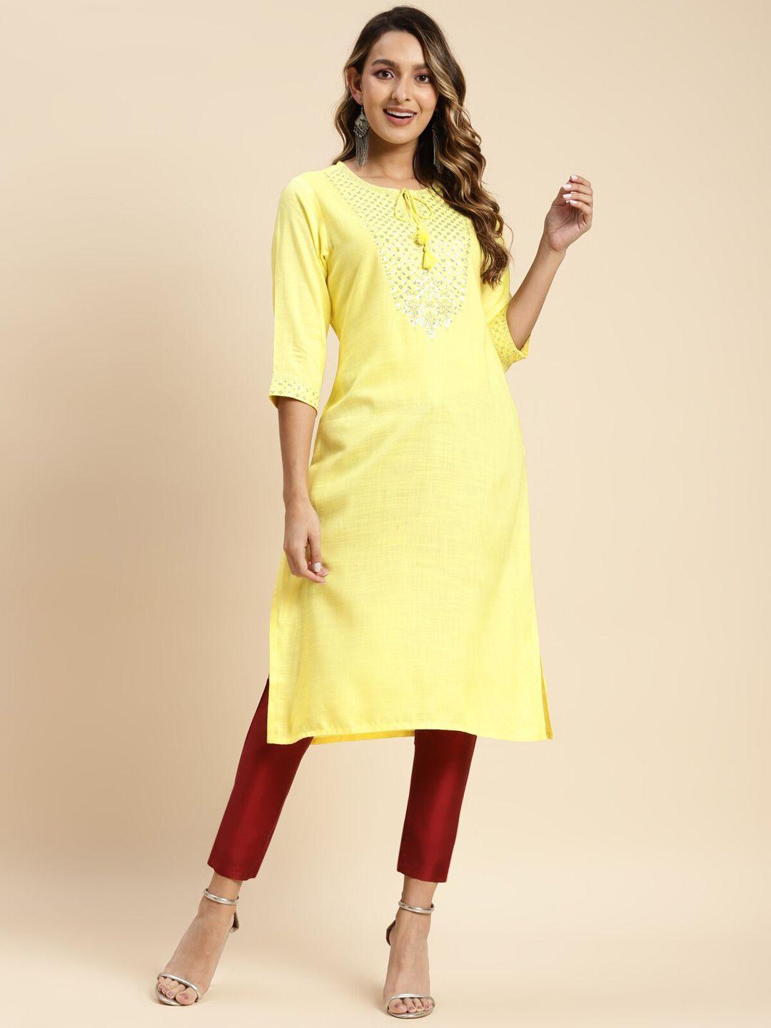 rangita ethnic motifs embroidered tie-up neck sequined straight kurta