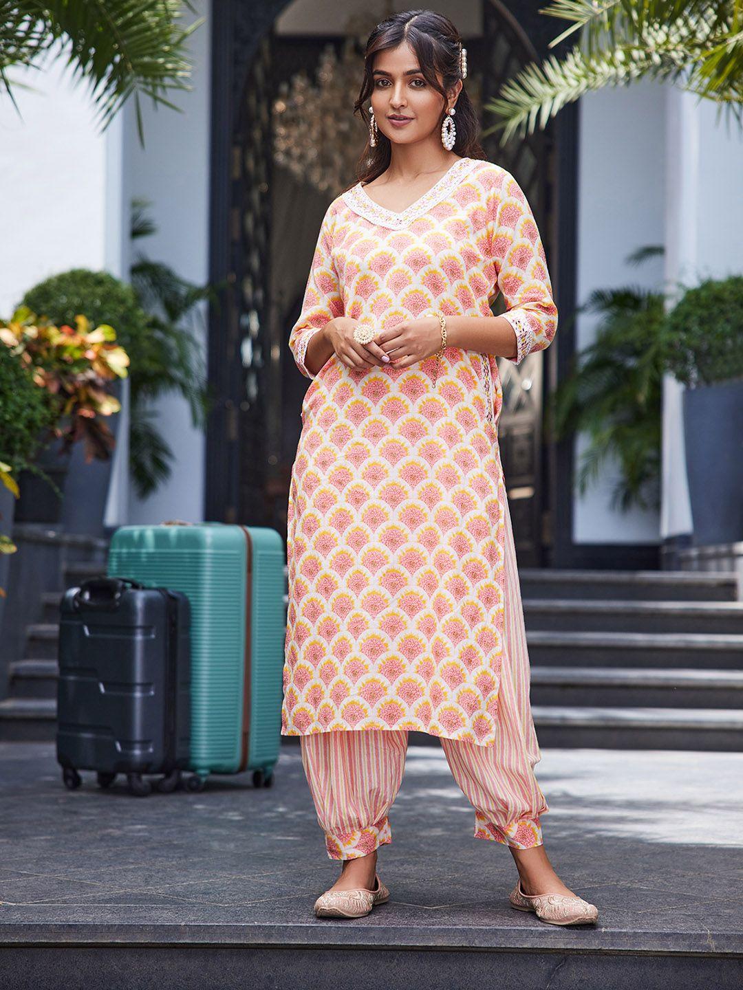 rangita ethnic motifs printed regular pure cotton kurta with harem pants & dupatta