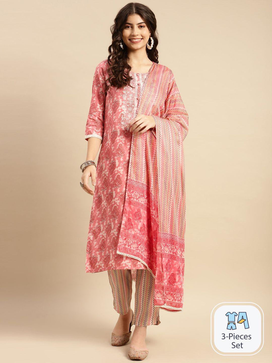 rangita ethnic motifs printed round neck pure cotton regular kurta with trousers & dupatta