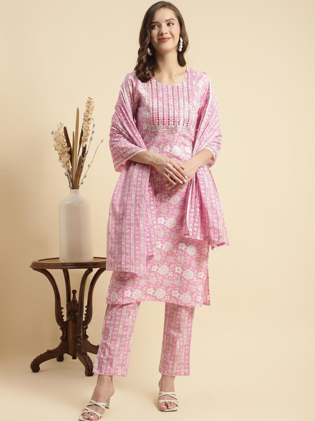 rangita floral printed regular sequinned pure cotton kurta with trousers & dupatta