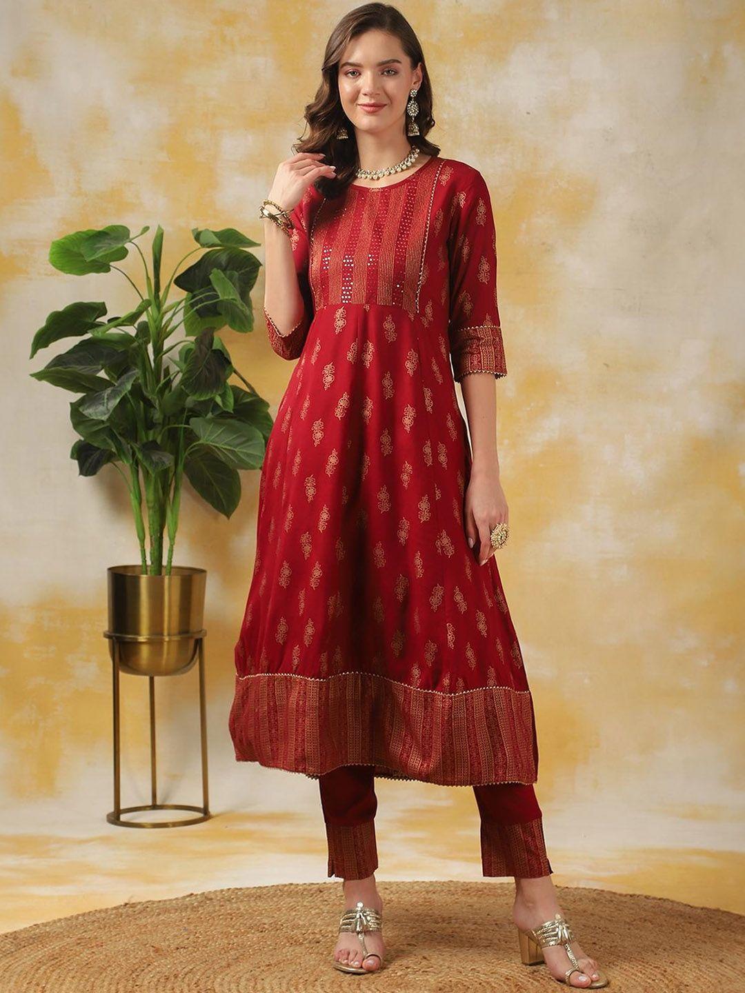 rangita floral printed round neck anarkali gotta patti kurta with trousers