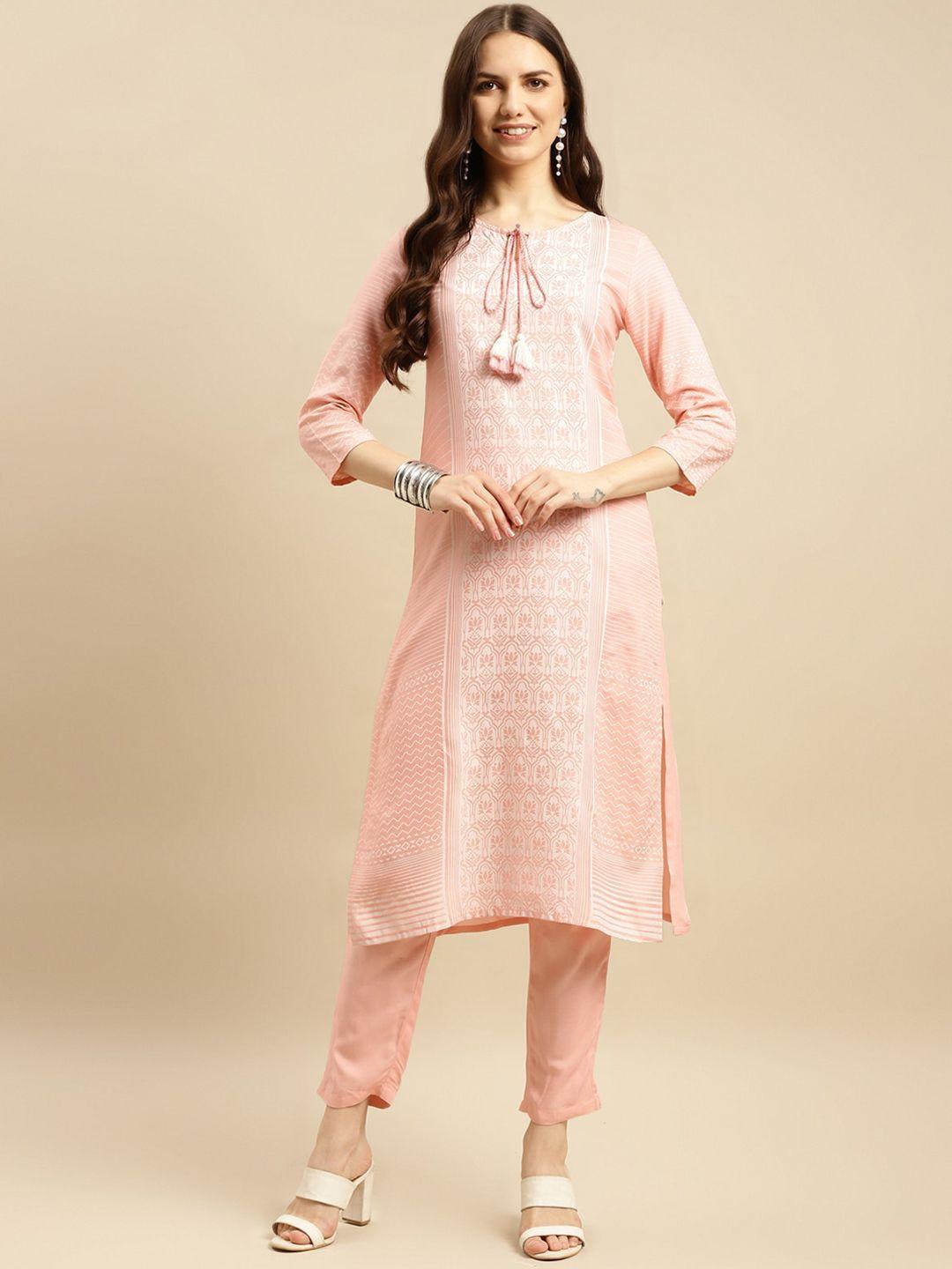 rangita floral printed tie-up neck regular kurta with trousers